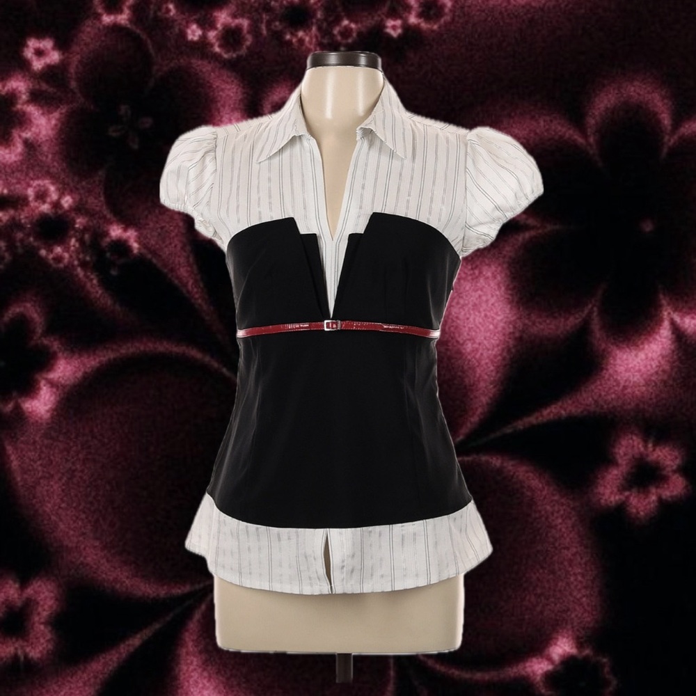 Black and white striped layered top with puffy sleeves